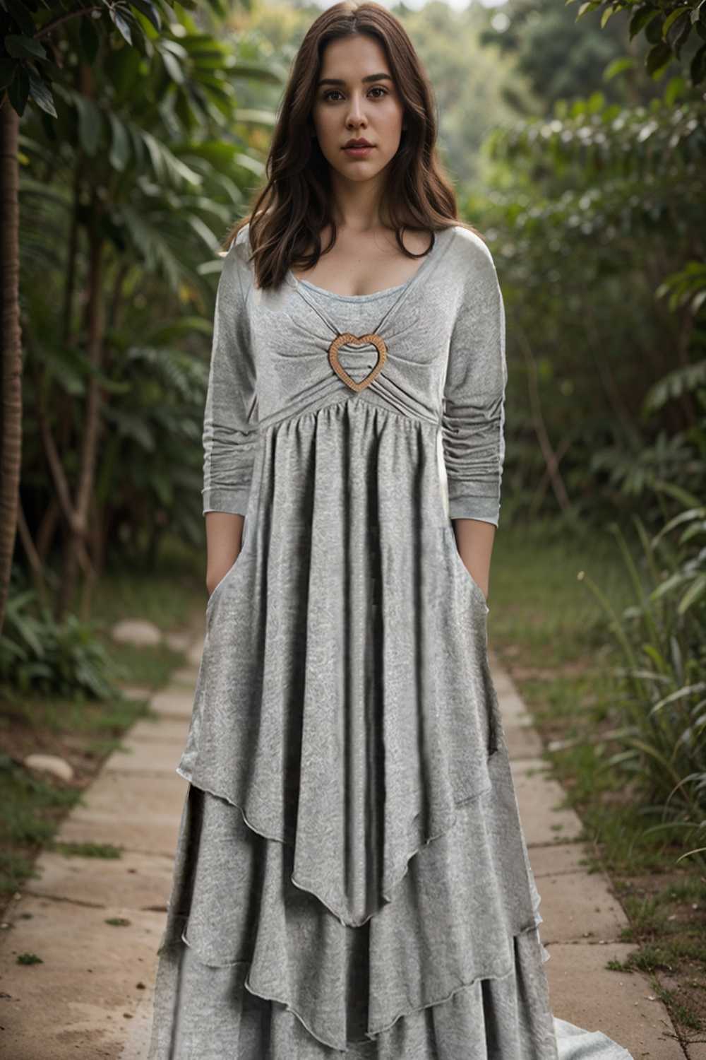 plus size elegant dress women s plus plain long sleeve layered heart ring decor round neck maxi dress