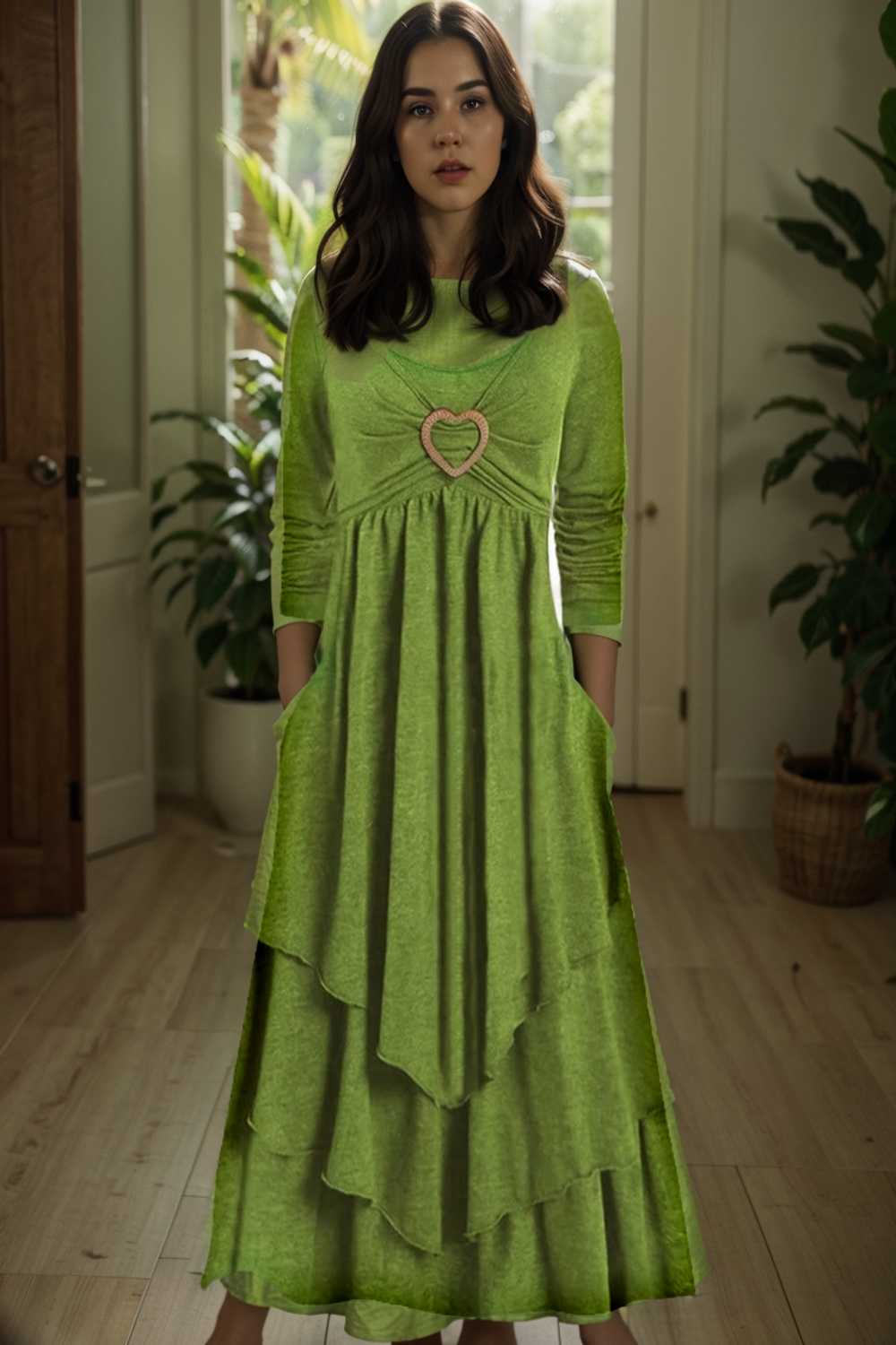 plus size elegant dress women s plus plain long sleeve layered heart ring decor round neck maxi dress
