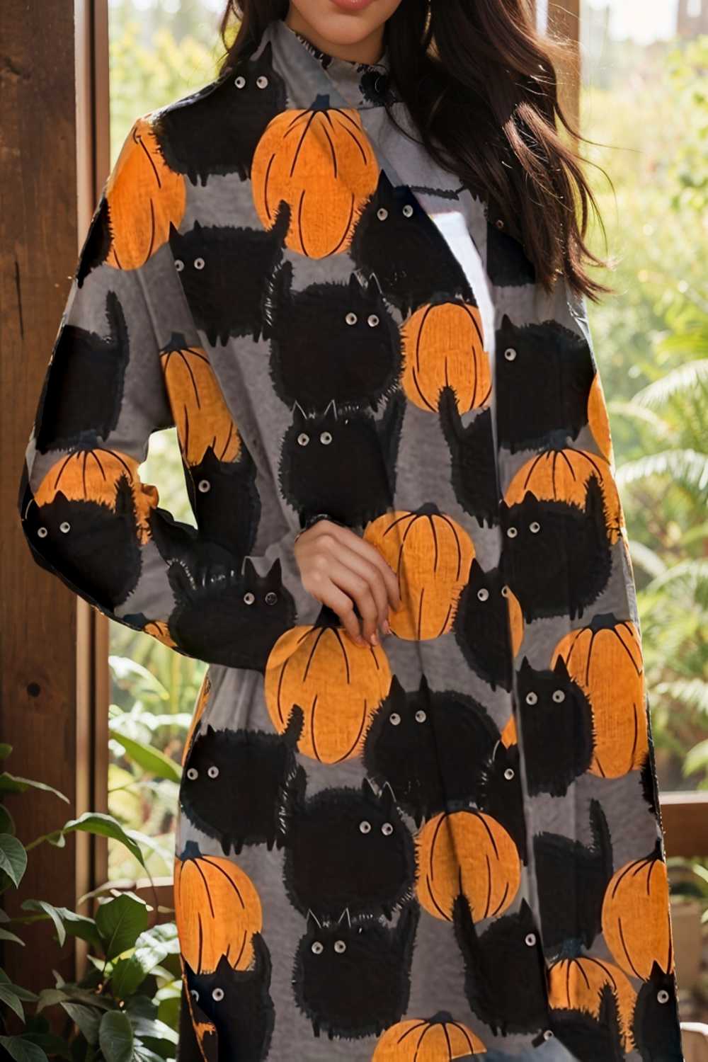 plus size halloween coat women s pus allover cat pumpkin print long sleeve open front medium stretch cardigan overcoat