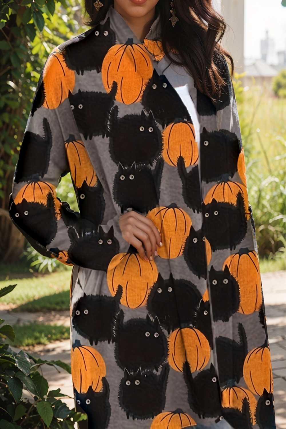 plus size halloween coat women s pus allover cat pumpkin print long sleeve open front medium stretch cardigan overcoat