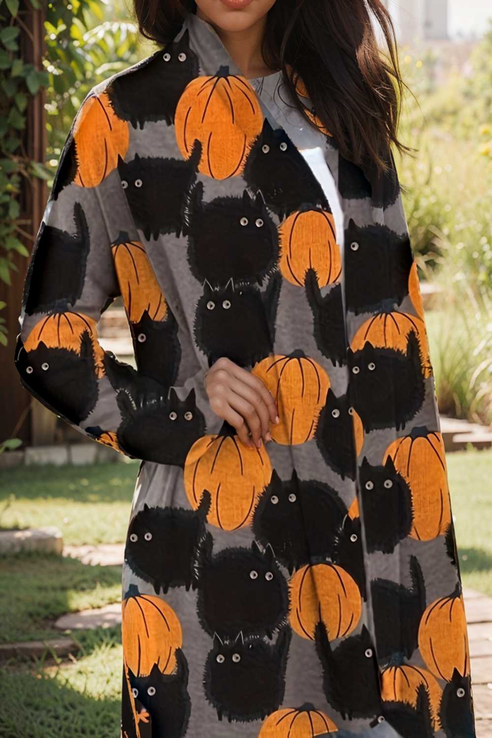 plus size halloween coat women s pus allover cat pumpkin print long sleeve open front medium stretch cardigan overcoat