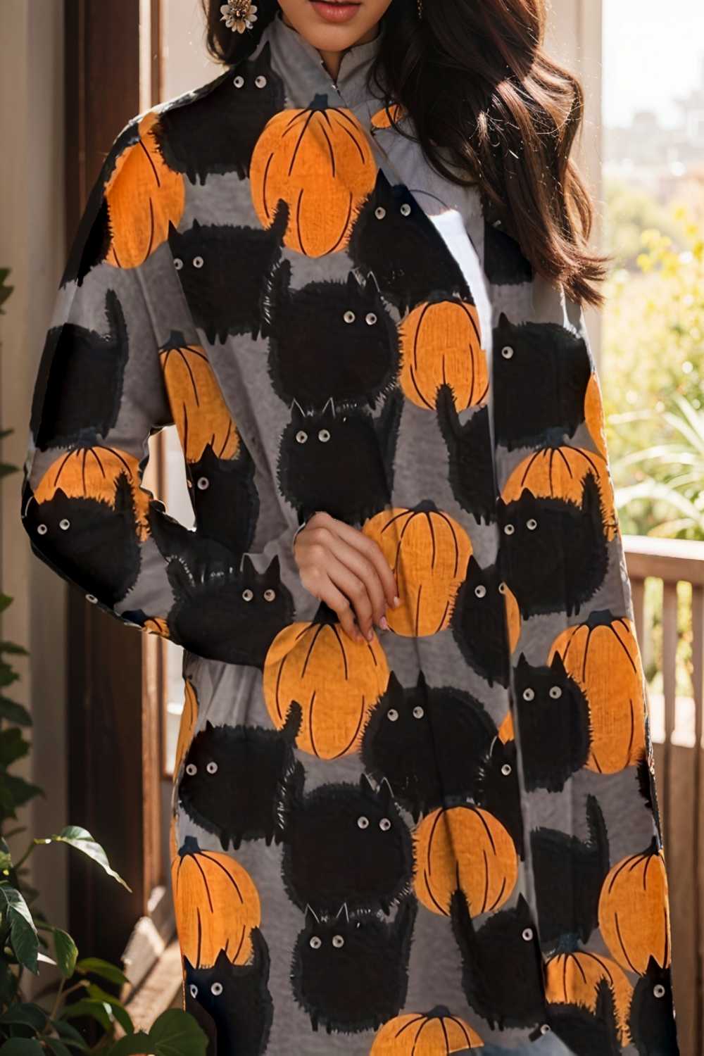 plus size halloween coat women s pus allover cat pumpkin print long sleeve open front medium stretch cardigan overcoat