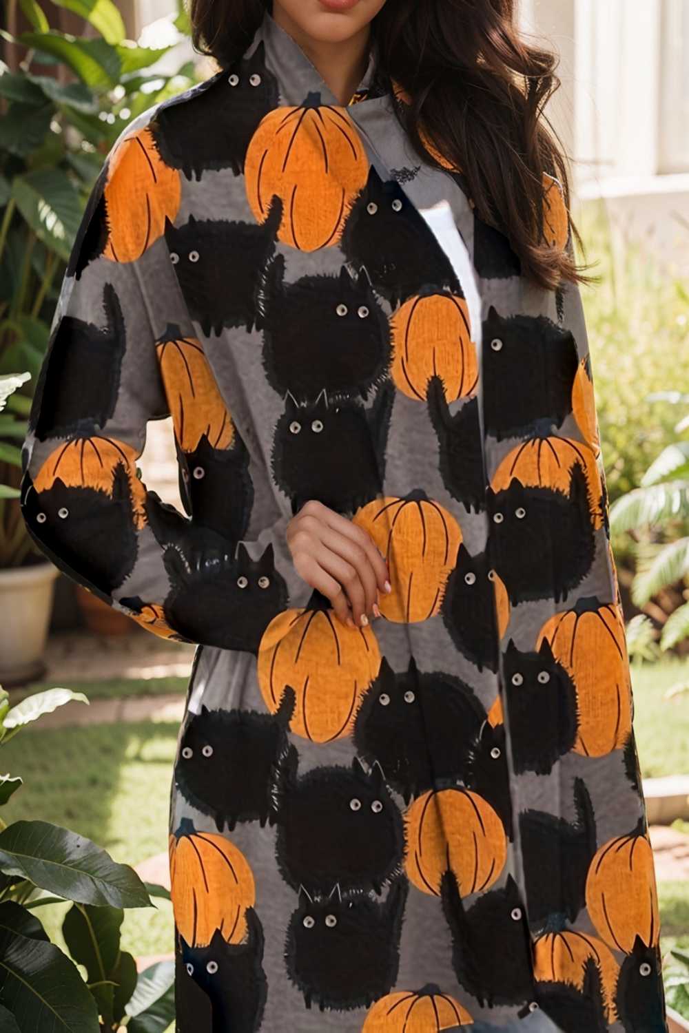 plus size halloween coat women s pus allover cat pumpkin print long sleeve open front medium stretch cardigan overcoat