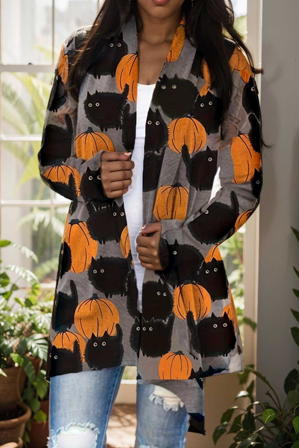plus size halloween coat women s pus allover cat pumpkin print long sleeve open front medium stretch cardigan overcoat