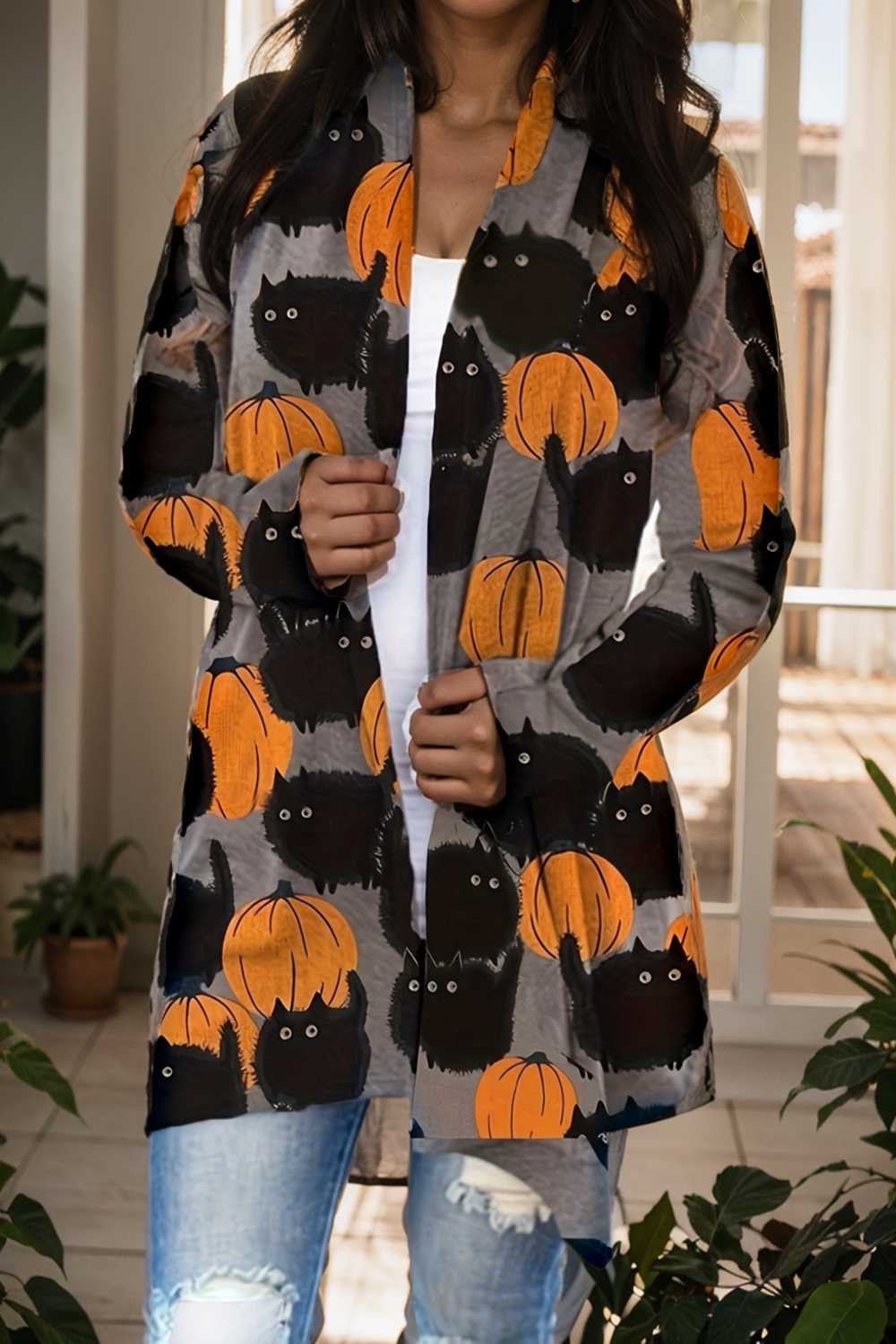 plus size halloween coat women s pus allover cat pumpkin print long sleeve open front medium stretch cardigan overcoat