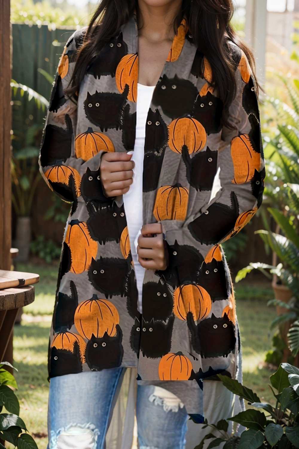 plus size halloween coat women s pus allover cat pumpkin print long sleeve open front medium stretch cardigan overcoat