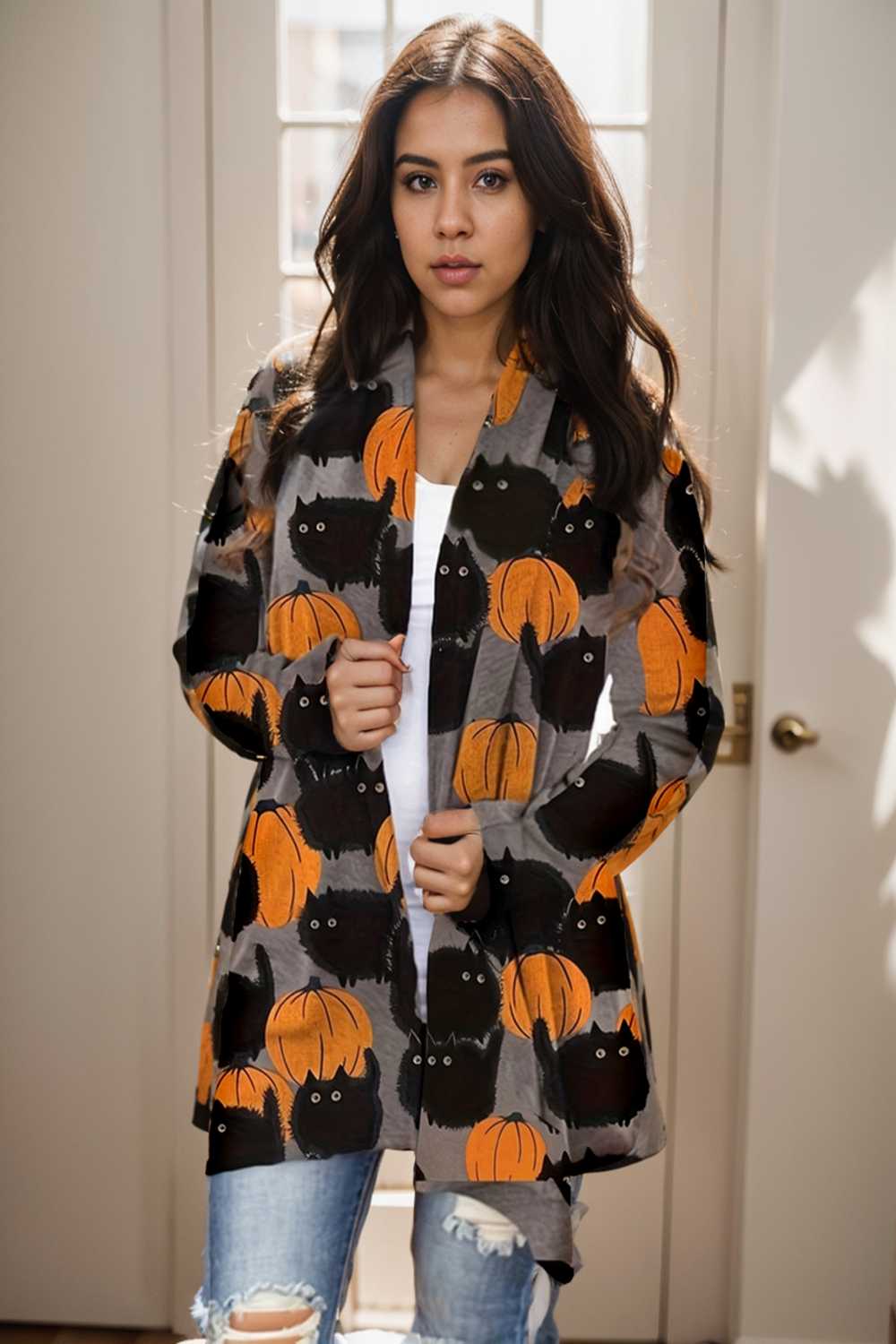 plus size halloween coat women s pus allover cat pumpkin print long sleeve open front medium stretch cardigan overcoat