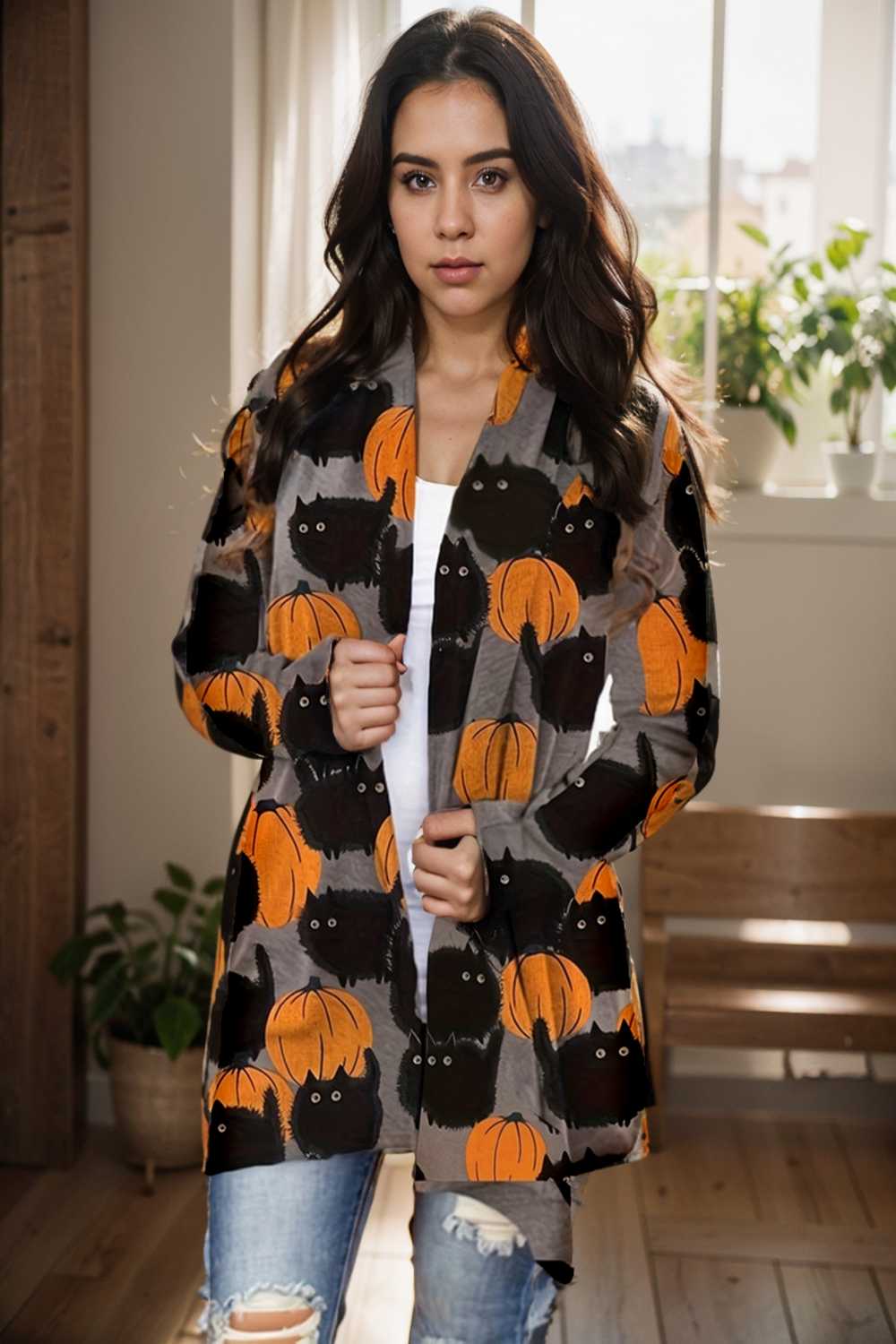plus size halloween coat women s pus allover cat pumpkin print long sleeve open front medium stretch cardigan overcoat