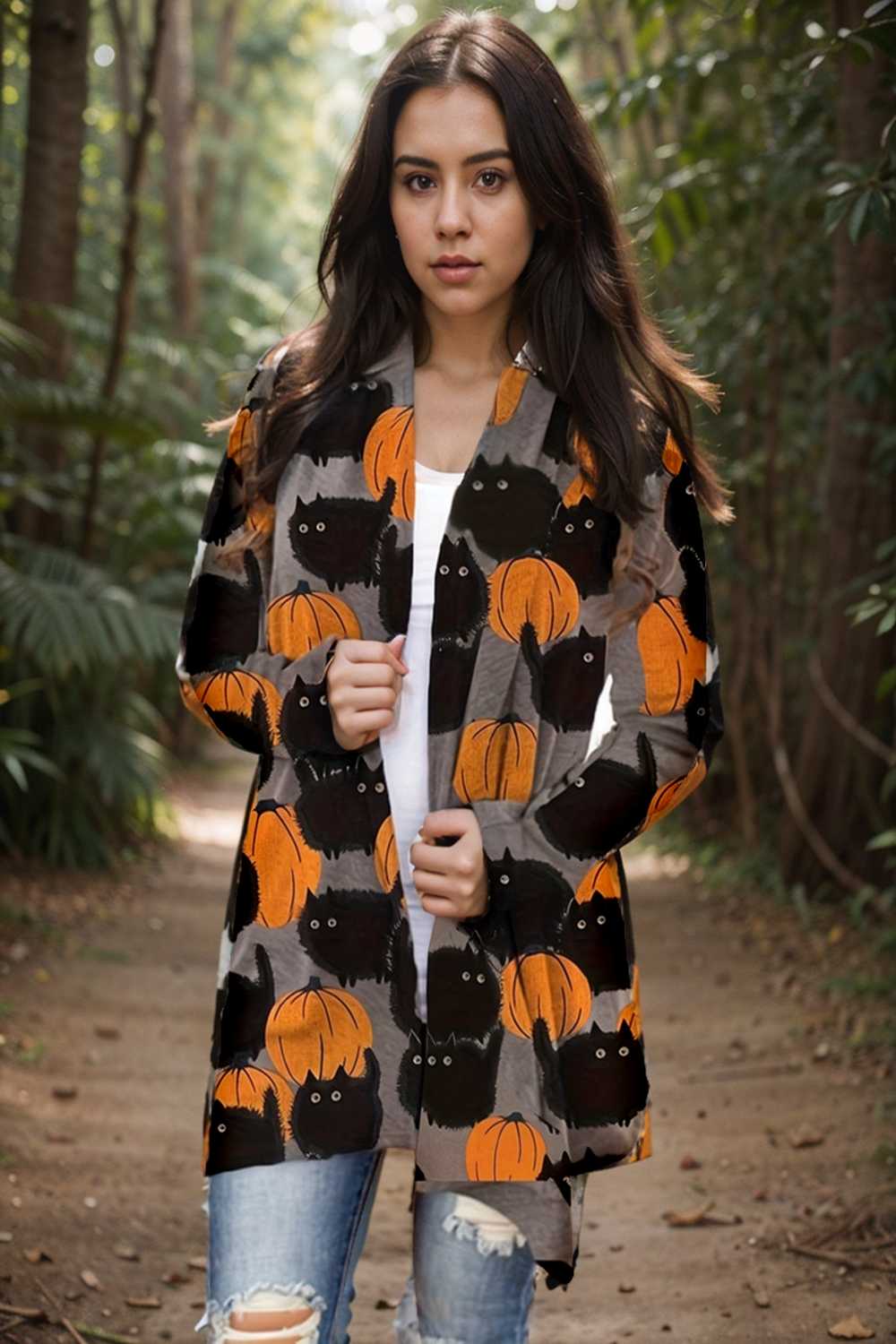plus size halloween coat women s pus allover cat pumpkin print long sleeve open front medium stretch cardigan overcoat