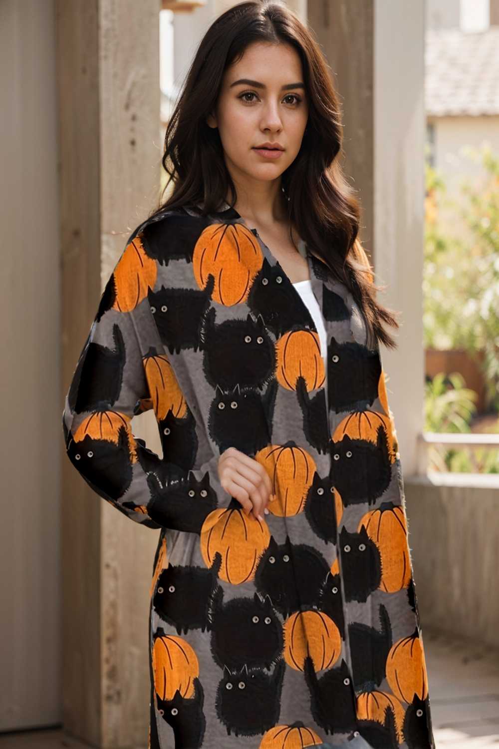 plus size halloween coat women s pus allover cat pumpkin print long sleeve open front medium stretch cardigan overcoat
