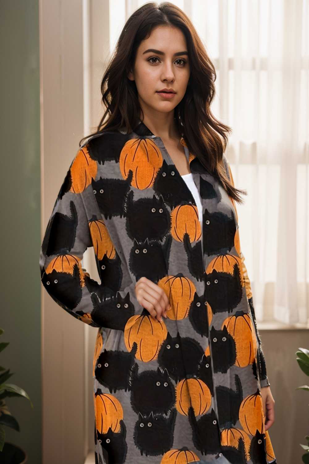 plus size halloween coat women s pus allover cat pumpkin print long sleeve open front medium stretch cardigan overcoat