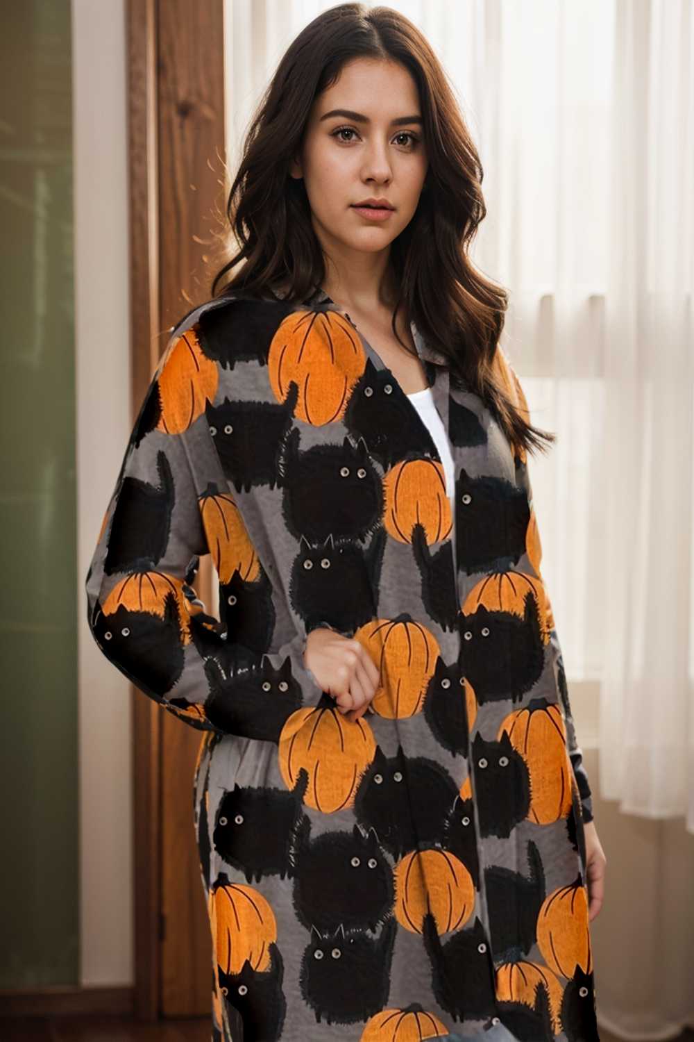 plus size halloween coat women s pus allover cat pumpkin print long sleeve open front medium stretch cardigan overcoat