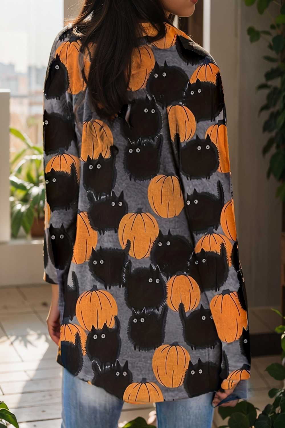 plus size halloween coat women s pus allover cat pumpkin print long sleeve open front medium stretch cardigan overcoat