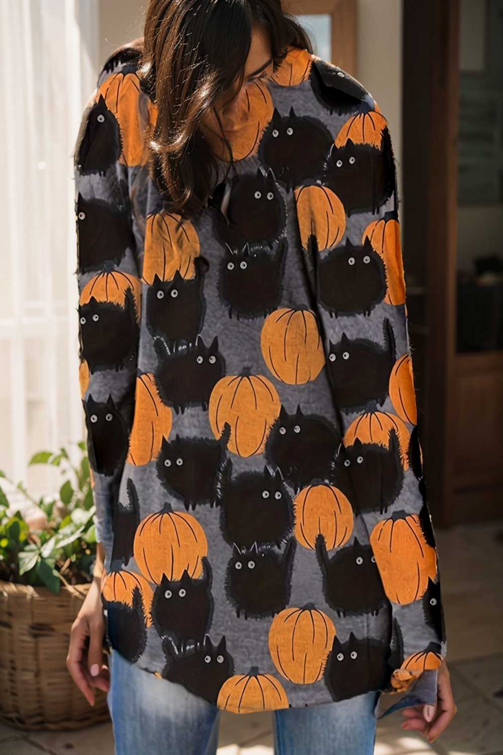 plus size halloween coat women s pus allover cat pumpkin print long sleeve open front medium stretch cardigan overcoat