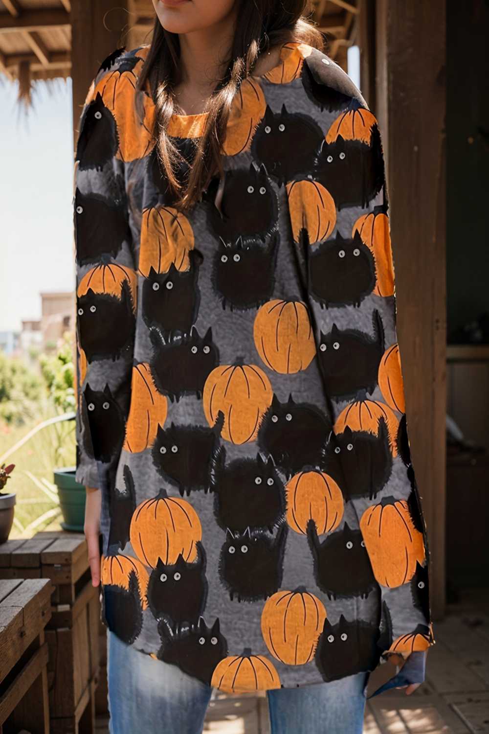 plus size halloween coat women s pus allover cat pumpkin print long sleeve open front medium stretch cardigan overcoat