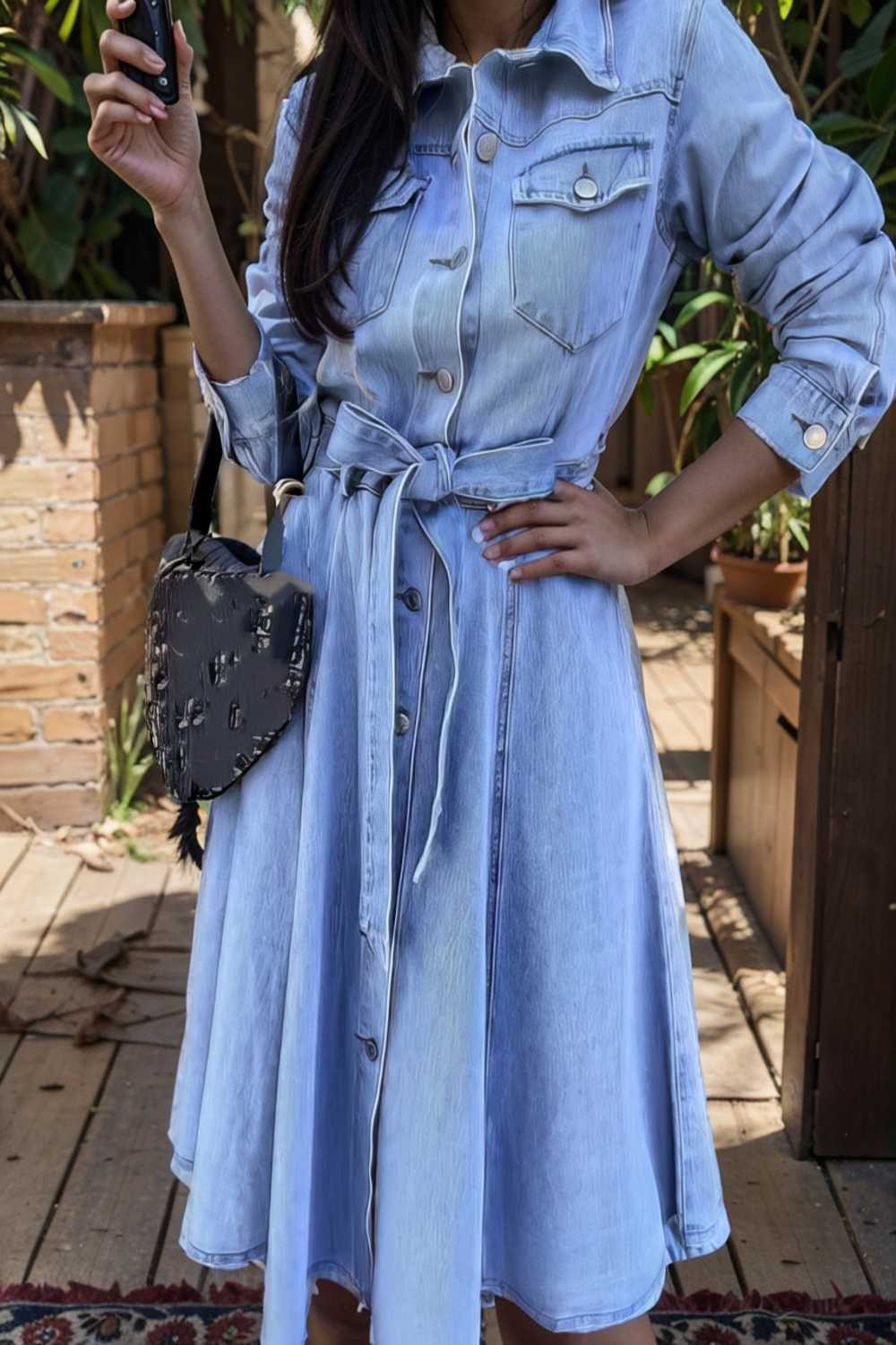 pocket lapel belted long sleeve denim dress