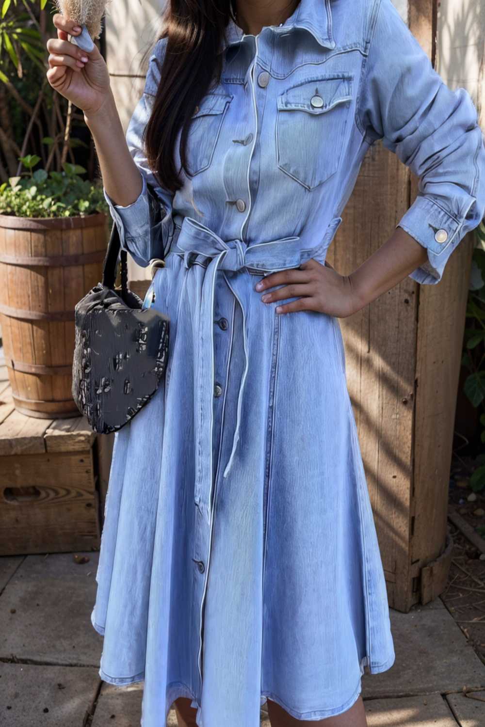 pocket lapel belted long sleeve denim dress