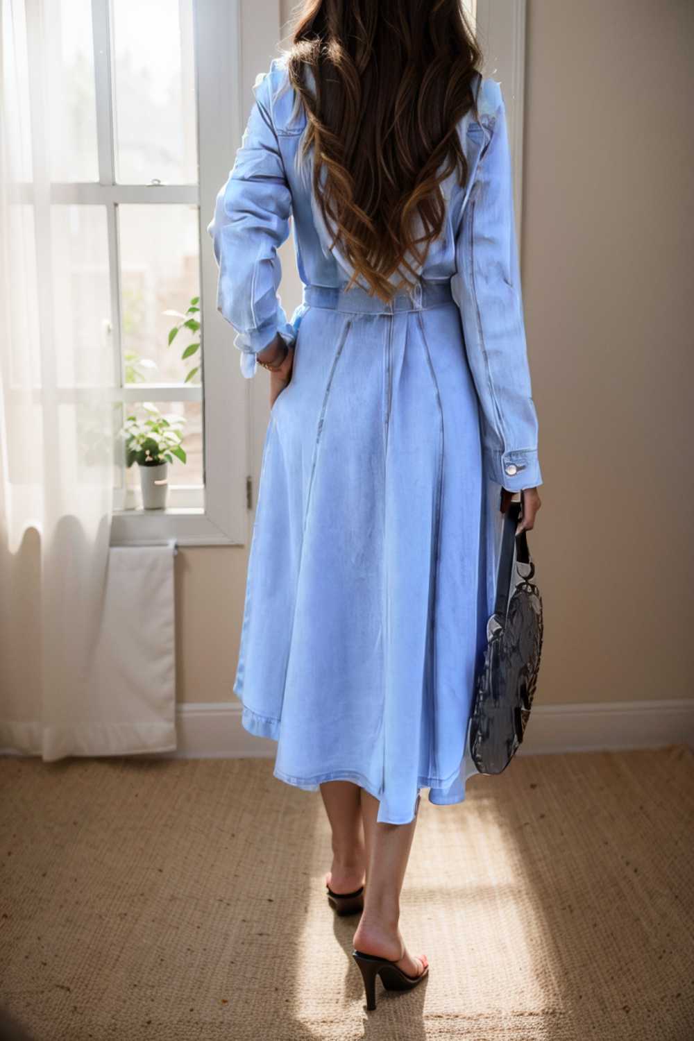 pocket lapel belted long sleeve denim dress