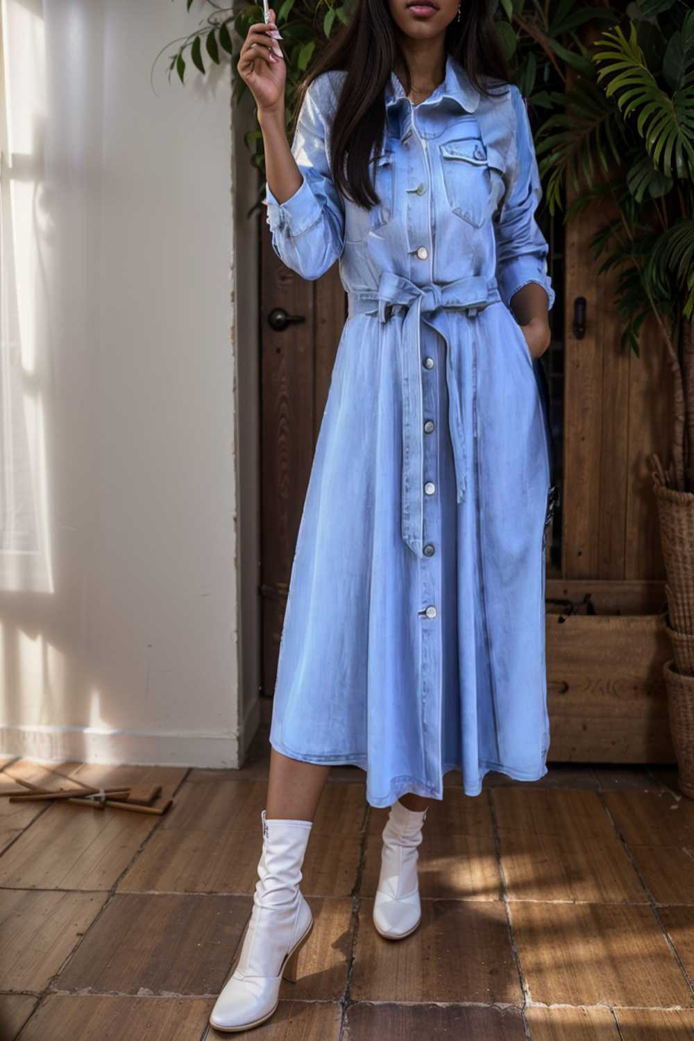 pocket lapel belted long sleeve denim dress