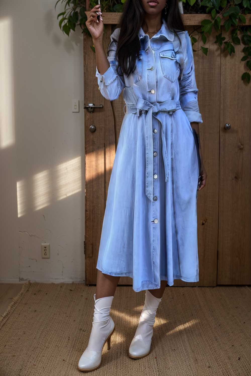 pocket lapel belted long sleeve denim dress