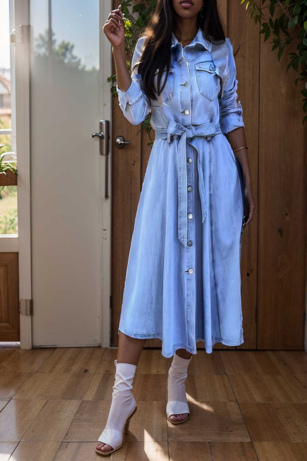 pocket lapel belted long sleeve denim dress