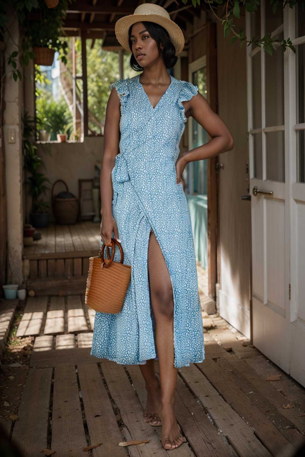printed tied flutter sleeve midi dress