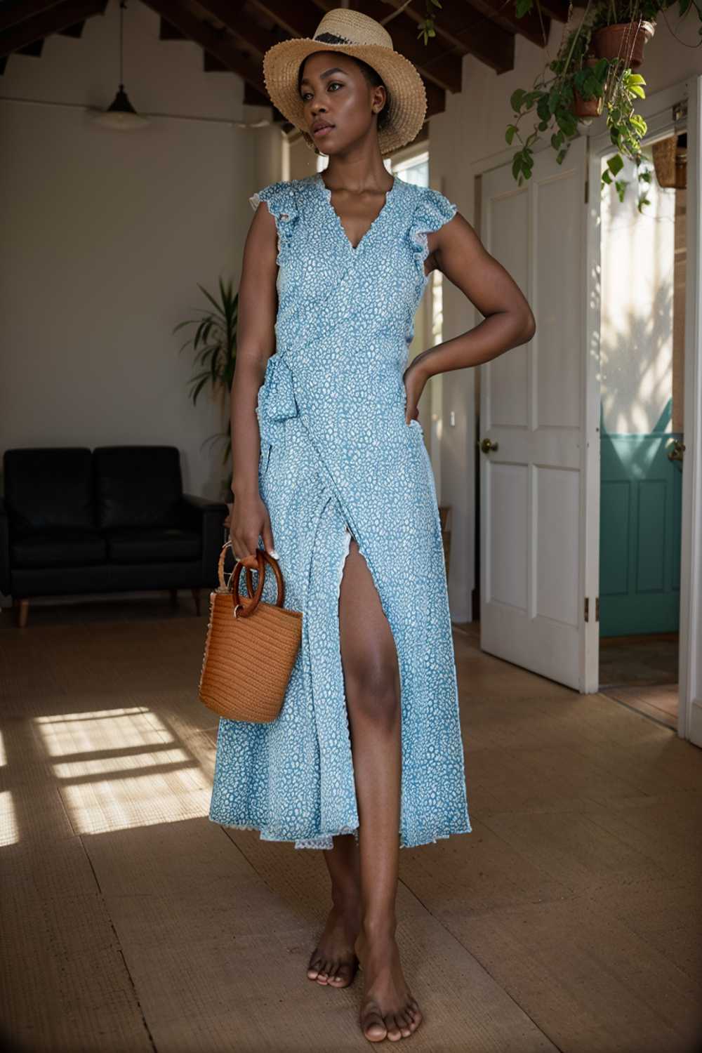 printed tied flutter sleeve midi dress