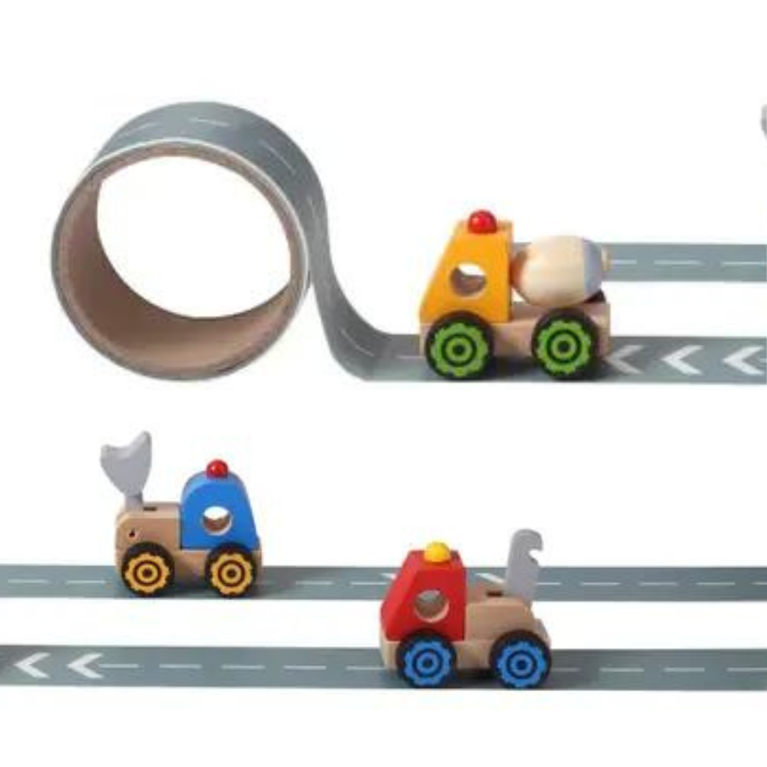 Wooden Construction Vehicle with Adhesive Road Tape