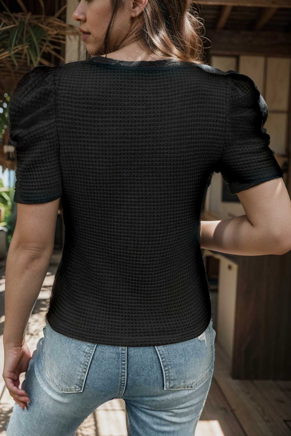 simple round neck pleated short sleeve t shirt circular cap drop shoulder scoop jewel closed