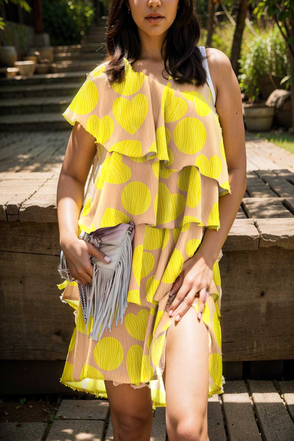 sloping shoulder ruffle print dress