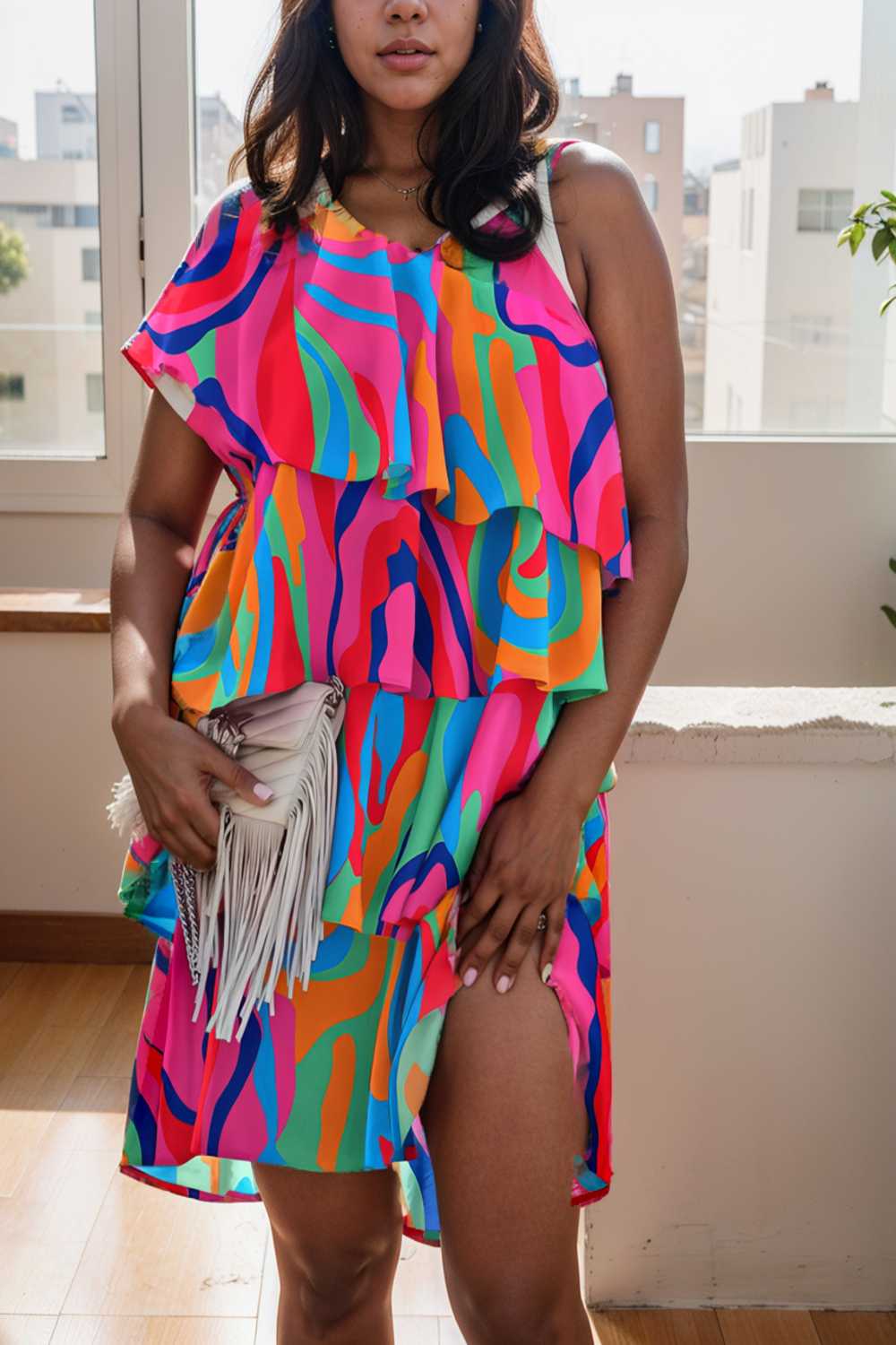 sloping shoulder ruffle print dress