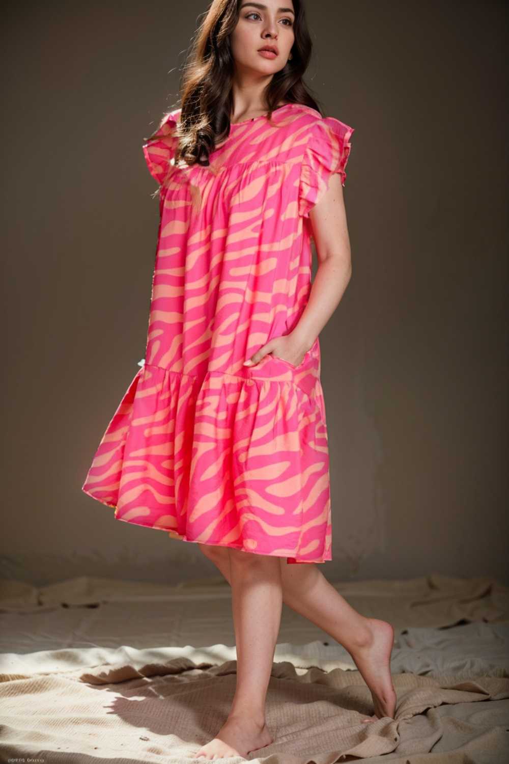 sloping shoulder ruffle print dress