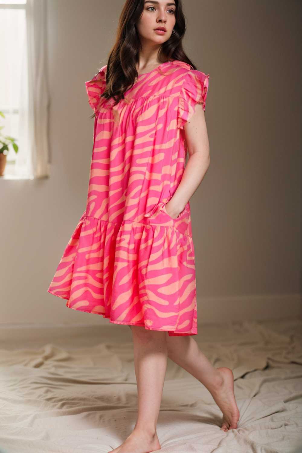 sloping shoulder ruffle print dress