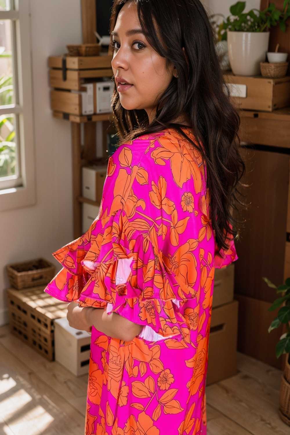 sloping shoulder ruffle print dress
