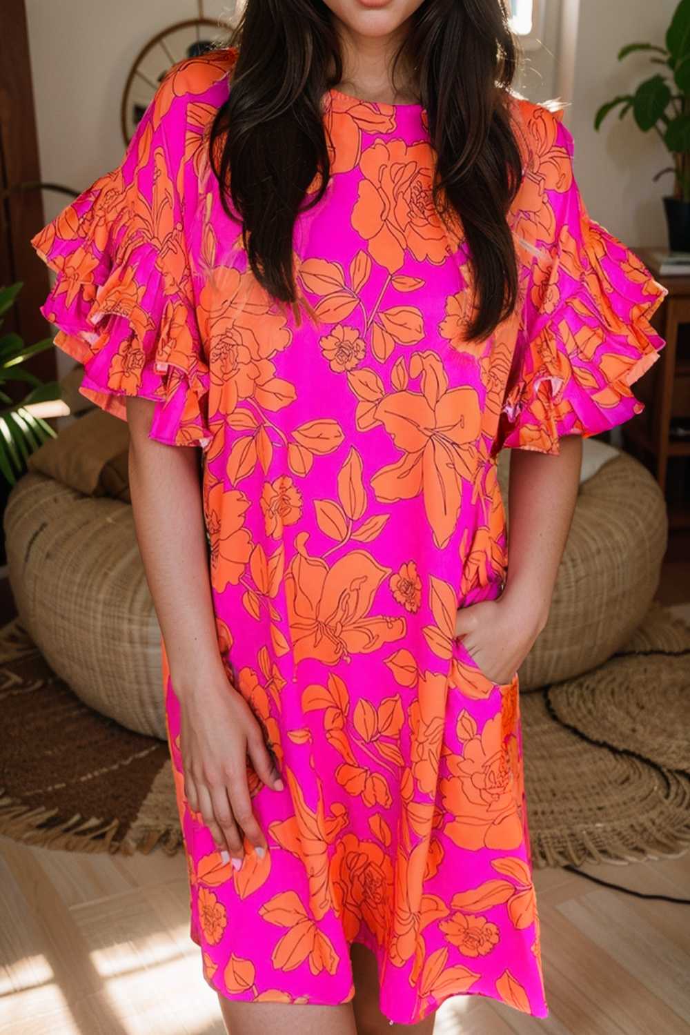 sloping shoulder ruffle print dress